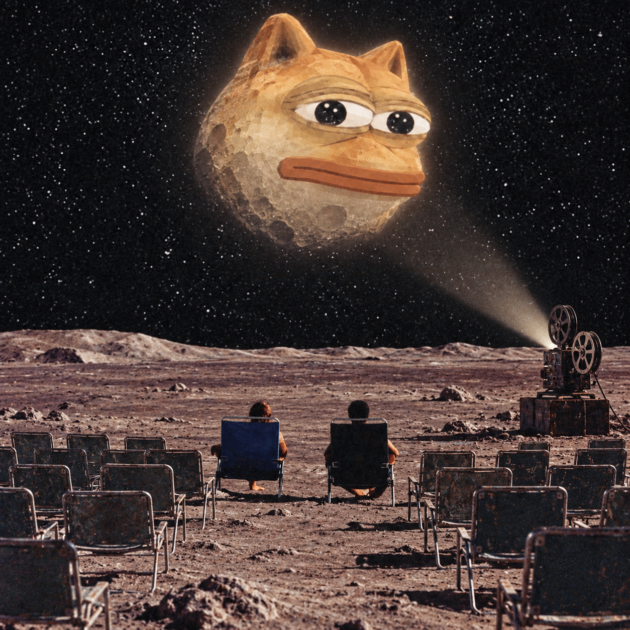 Cat-faced moon above an empty lunar cinema