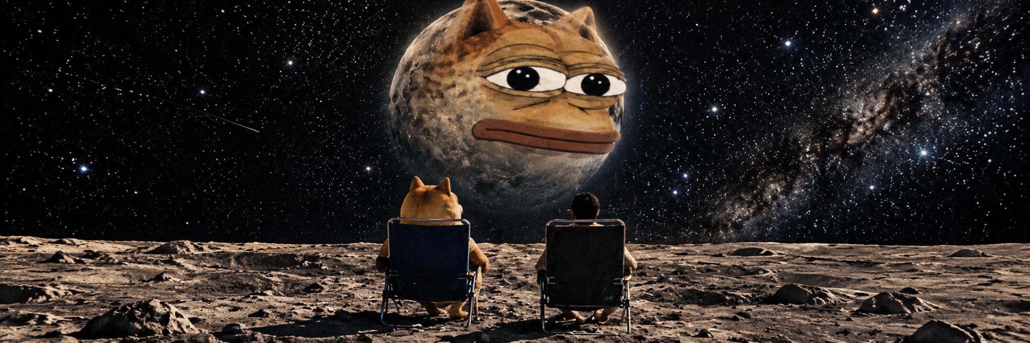Wide lunar profile banner with two travelers beneath the cat-faced moon