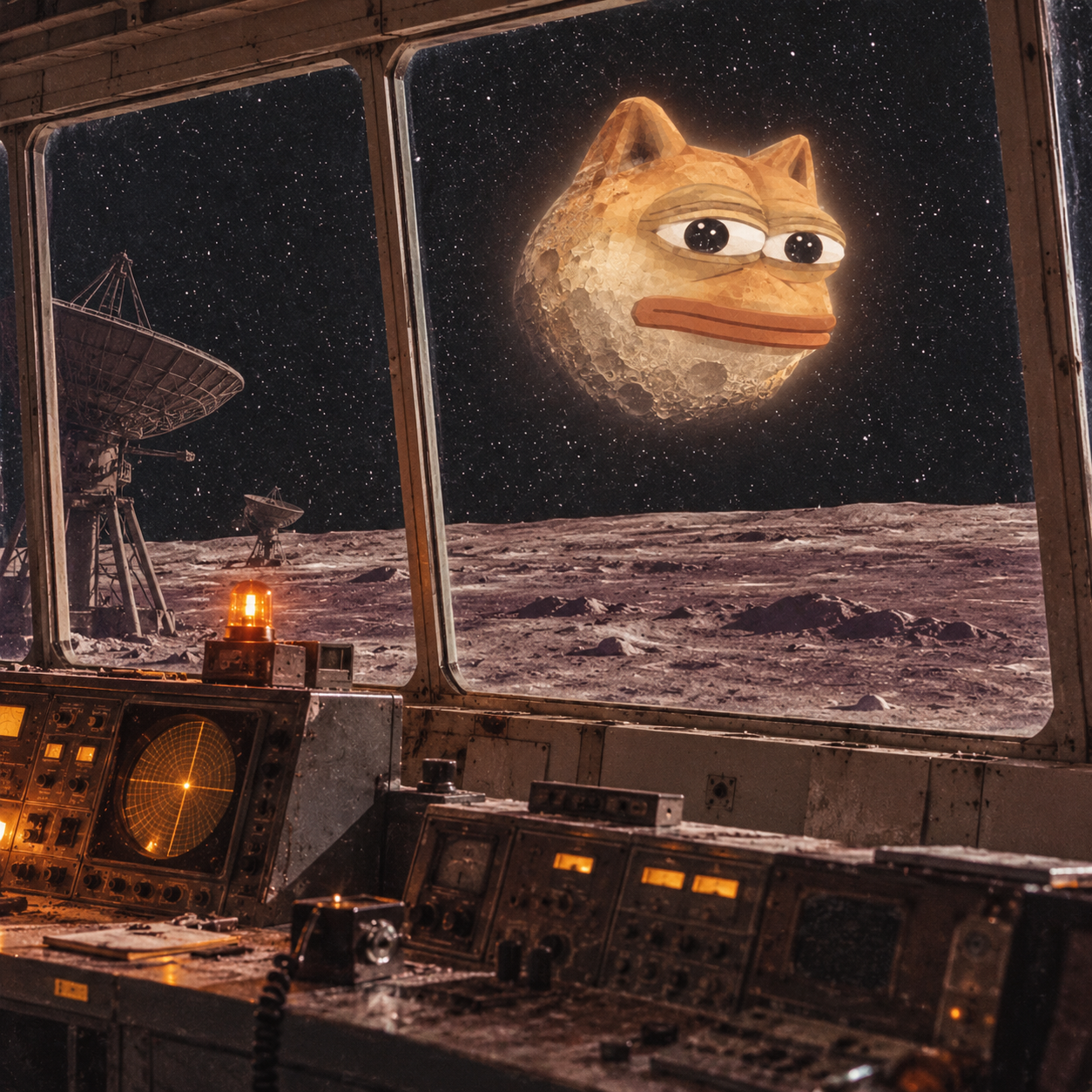 Cat-faced moon seen through an abandoned lunar communications station