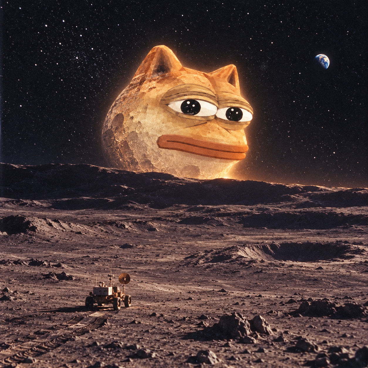 Cat-faced moon rising beyond a crater valley